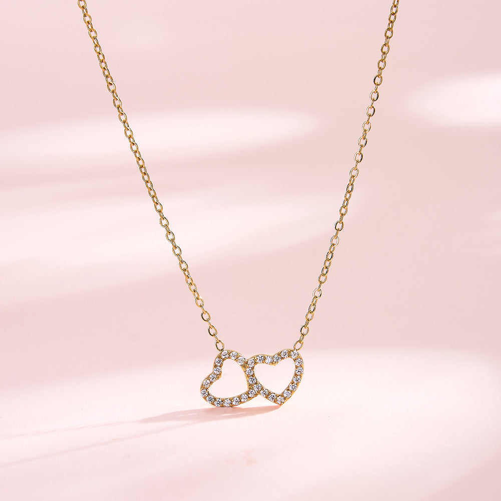 Stainless Steel Interlocking Double Heart Necklace, Two Overlapping Hollow Hearts Fully Paved with Shiny Clear Cubic Zirconia, Romantic Linked Heart Pendant