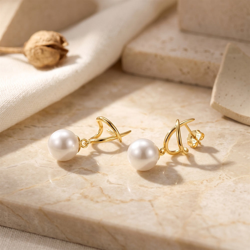 S925 Sterling Silver Twisted Cross Hook Pearl Drop Earrings, Smooth Round Pearl with Soft Creamy Luster