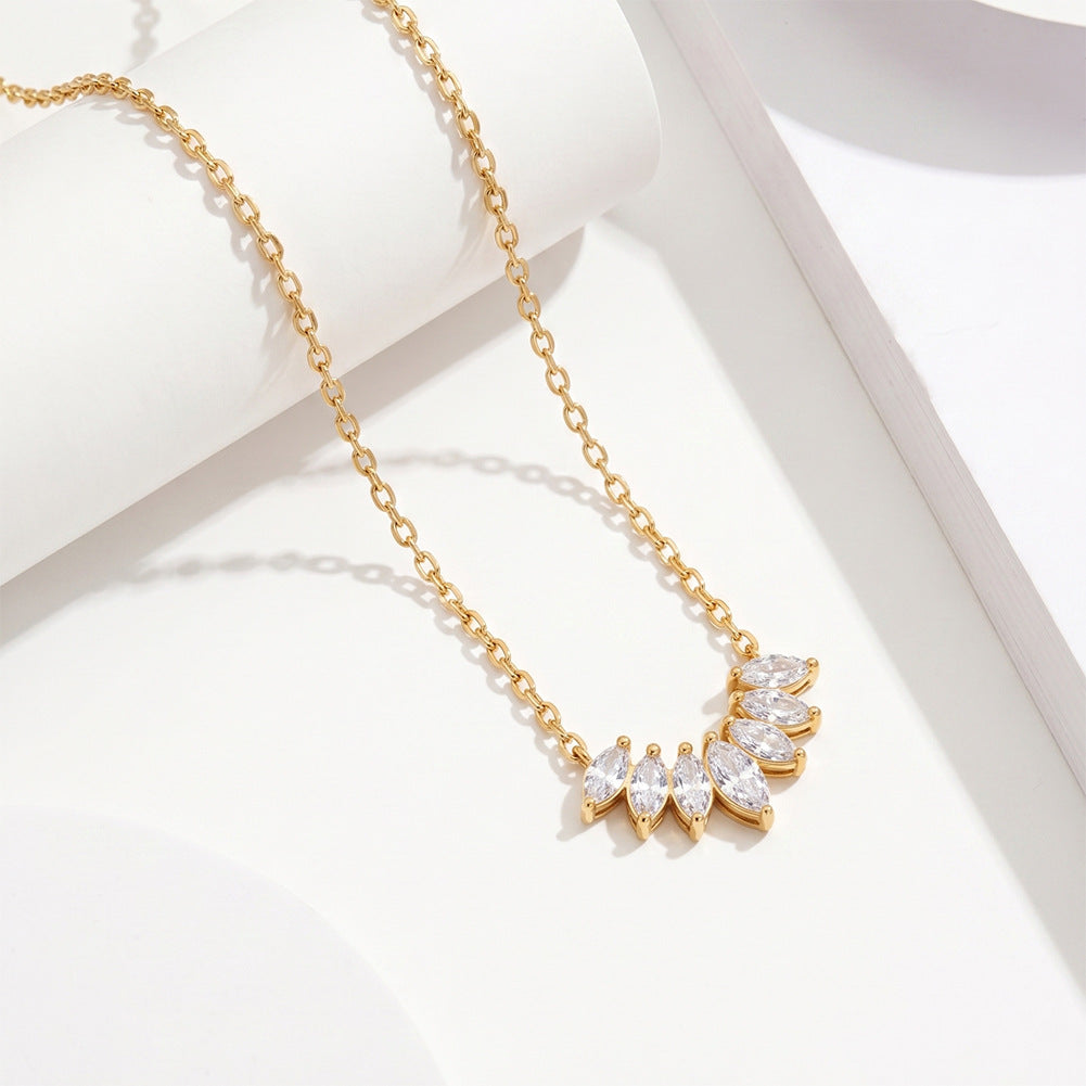 Stainless Steel Marquise CZ Curve Necklace, Six Sparkling Marquise Cut Cubic Zirconia Arranged in V-Shape Pendant, Dainty Link Chain