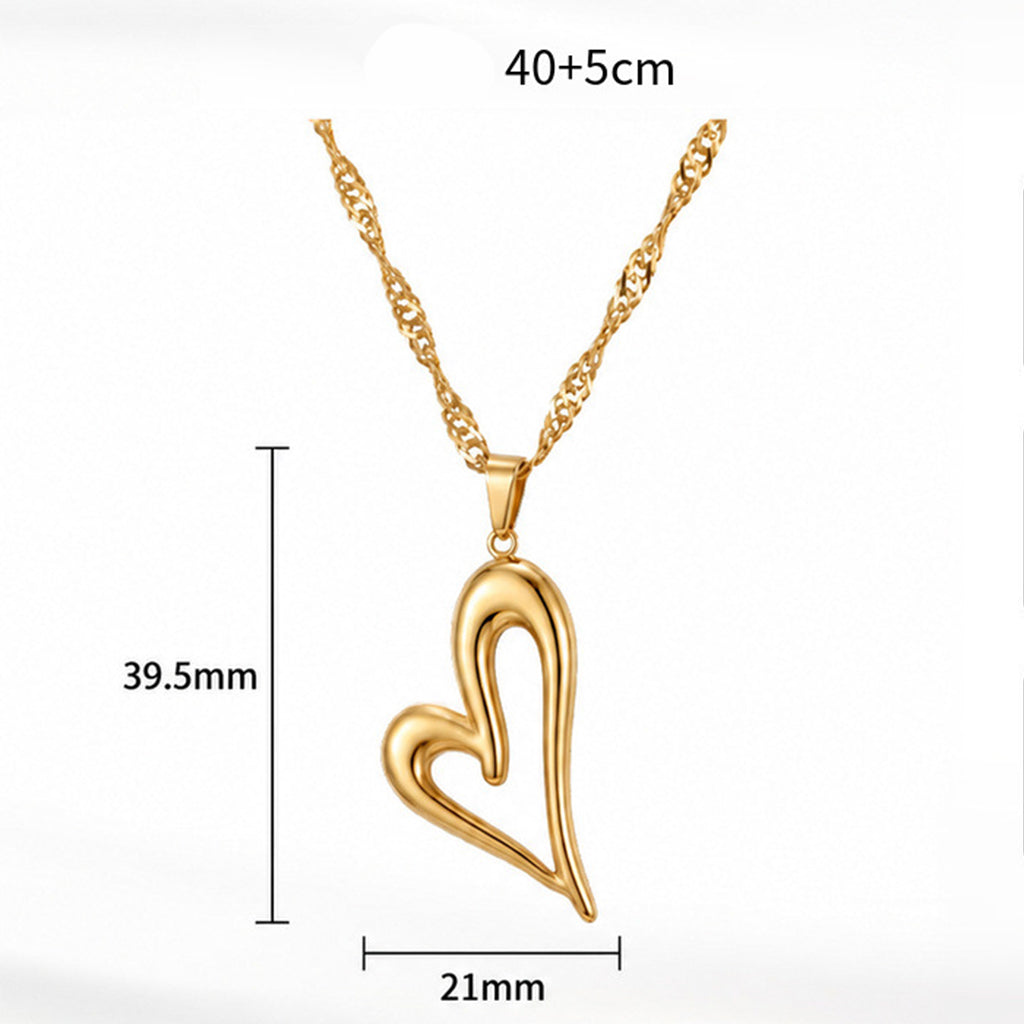 Stainless Steel Open Hollow Heart Pendant Necklace, Polished Abstract Hollow Heart Charm with Smooth Curved Lines, Thick Curb Chain