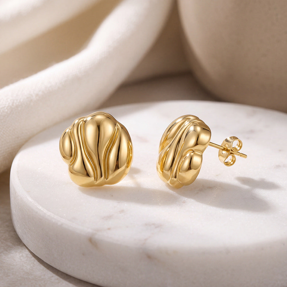 Stainless Steel Gold Plated Textured Wavy Dome Stud Earrings