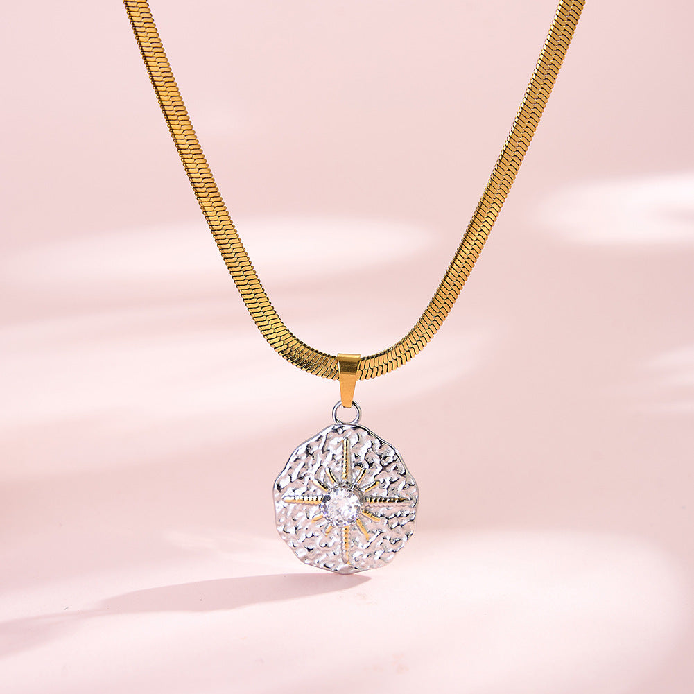 Stainless Steel Two-Tone North Star Medallion Necklace, Hammered Textured Round Disc Pendant with Gold Accent Star and Central CZ, Flat Snake Chain