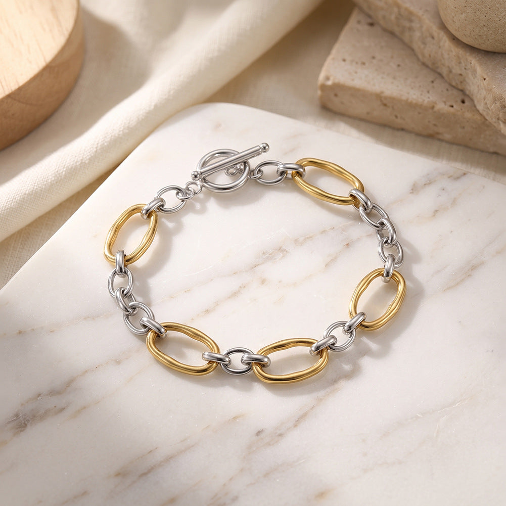 Two Tone Gold Silver Stainless Steel Chunky Oval Link Bracelet, Irregular Paperclip Chain with Toggle Clasp