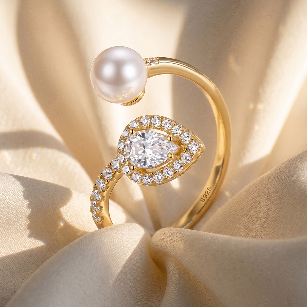 S925 Sterling Silver Open Cuff Ring, Large Glossy Round Pearl with Bright Iridescent Luster Matched with Teardrop Shaped Paved Zircon