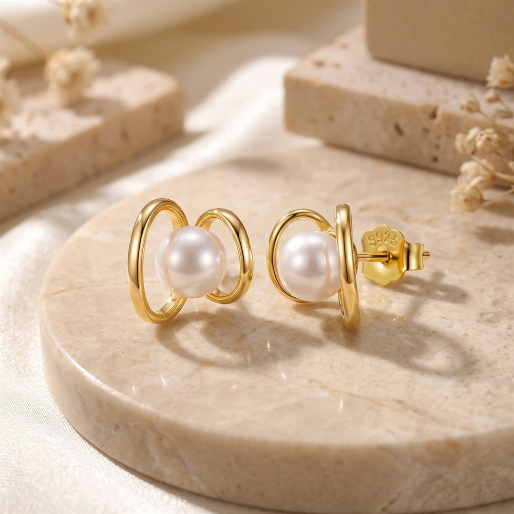 S925 Sterling Silver Double Ring Pearl Stud Earrings, Single Round Pearl with Glossy Even Luster Wrapped by Interlocking Polished Silver Rings