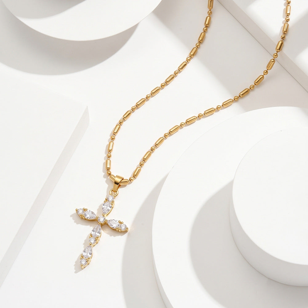 Stainless Steel Marquise CZ Cross Necklace, Marquise Cut CZ Stone Cross Pendant, Mixed Ball and Tube Beaded Station Chain