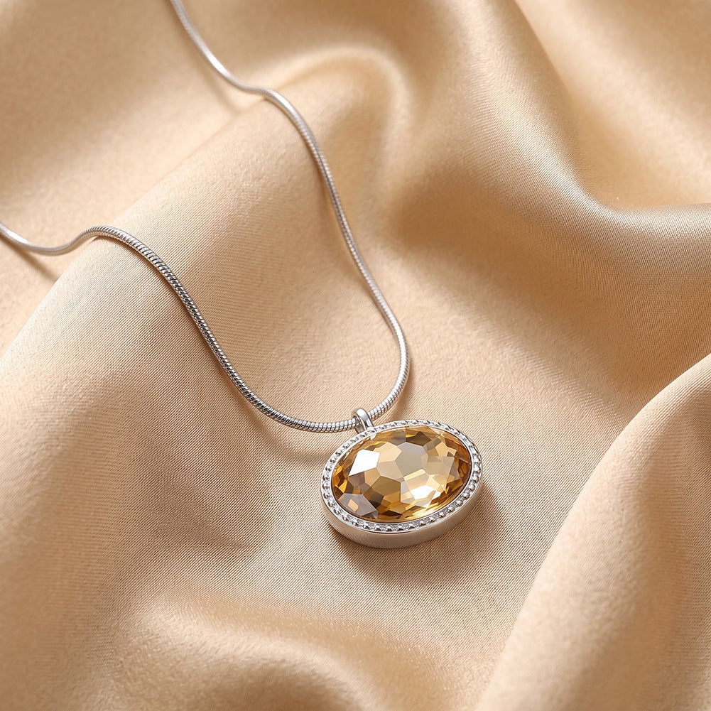 Stainless Steel Oval Champagne Crystal Snake Chain Necklace, Large Faceted Oval Champagne Crystal Stone Set in Delicate Beaded Rim, Sleek Snake Chain