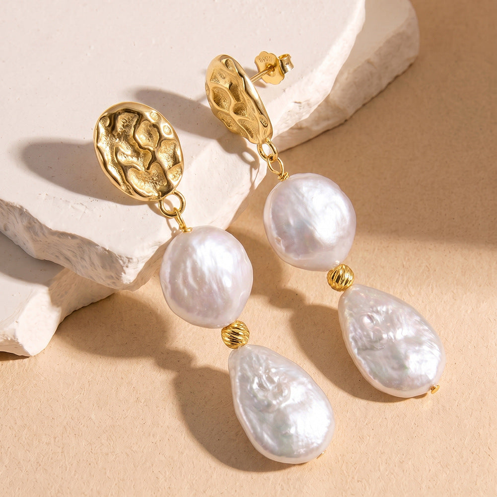 S925 Sterling Silver Double Baroque Pearl Dangle Earrings, Coin Pearl and Teardrop Baroque Pearl with Rich Rainbow Pearl Iridescence