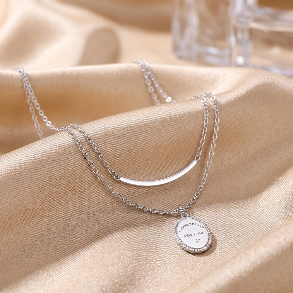 Stainless Steel Double Layer Curved Bar Oval Tag Necklace, Stackable Two-Row Chain with Smooth Curved Bar and Engraved Oval Rope Edge Pendant