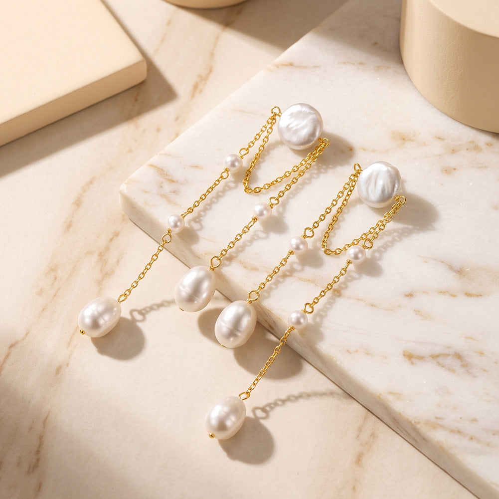 S925 Sterling Silver Tassel Chain Layered Pearl Earrings, Coin Pearl and Graduated Oval Pearls with Smooth Glossy Pearl Surface