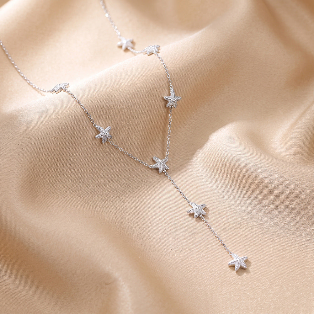 Stainless Steel Starfish Y Drop Necklace, Multi Paved CZ Starfish Charms on Dainty Cable Chain, Beach Inspired Layered Y Pendant Necklace