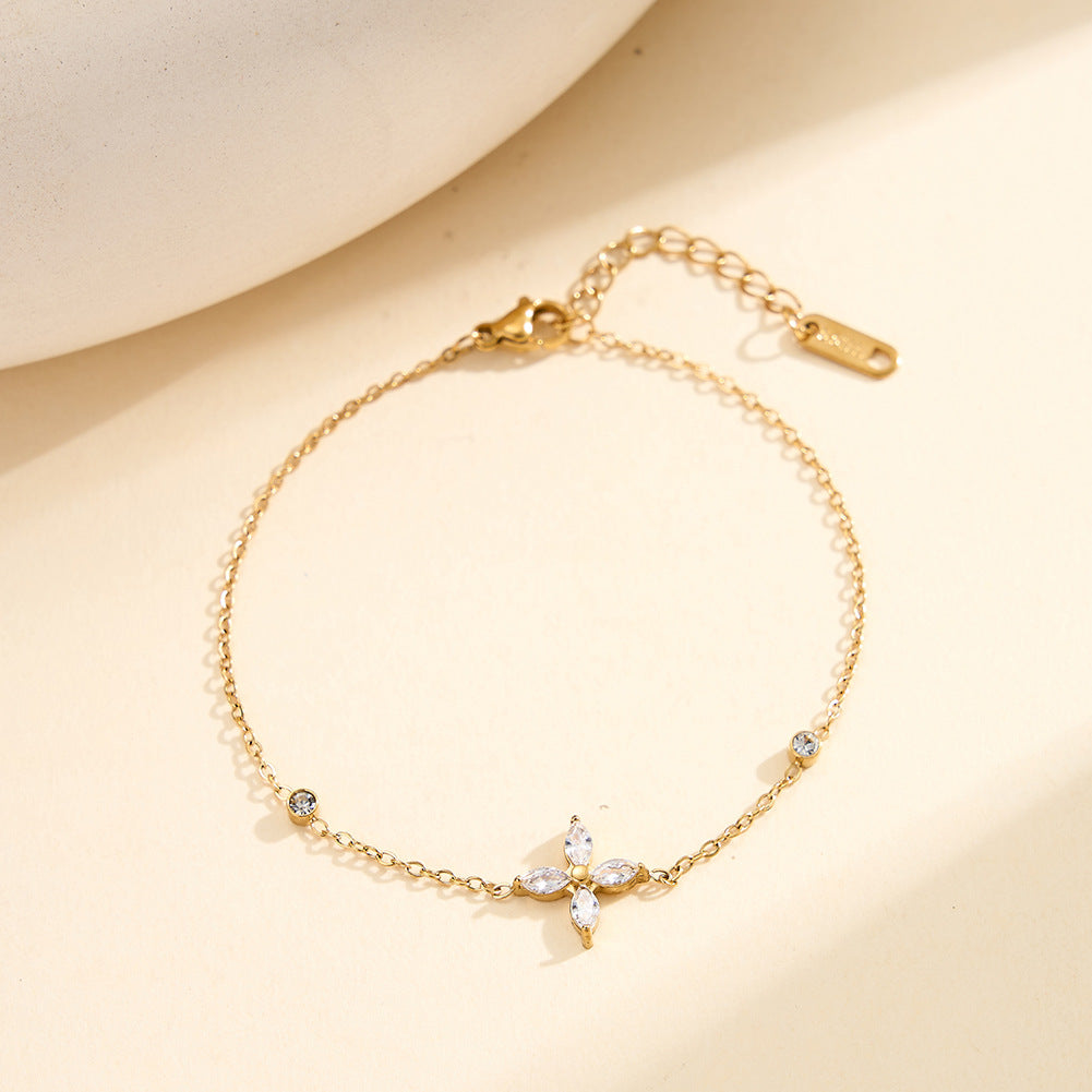Stainless Steel Pave Four-Point Star CZ Bracelet, Minimalist Thin Chain with Round Zirconia Station Bracelet