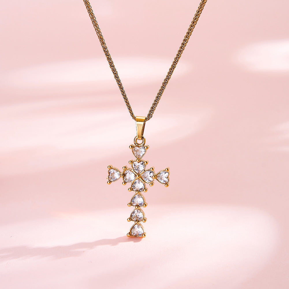 Stainless Steel Heart Cut CZ Cross Pendant Necklace, Sparkling Heart Cubic Zirconia Cross Charm on Thick Wheat Chain