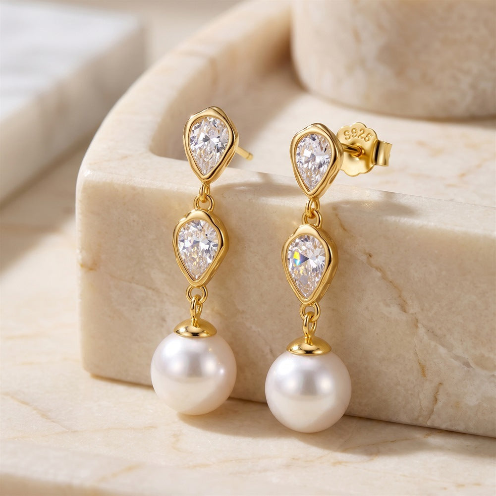 S925 Sterling Silver Double Teardrop Zircon Pearl Dangle Earrings, Big Round Pearl with Gentle Silky Sheen