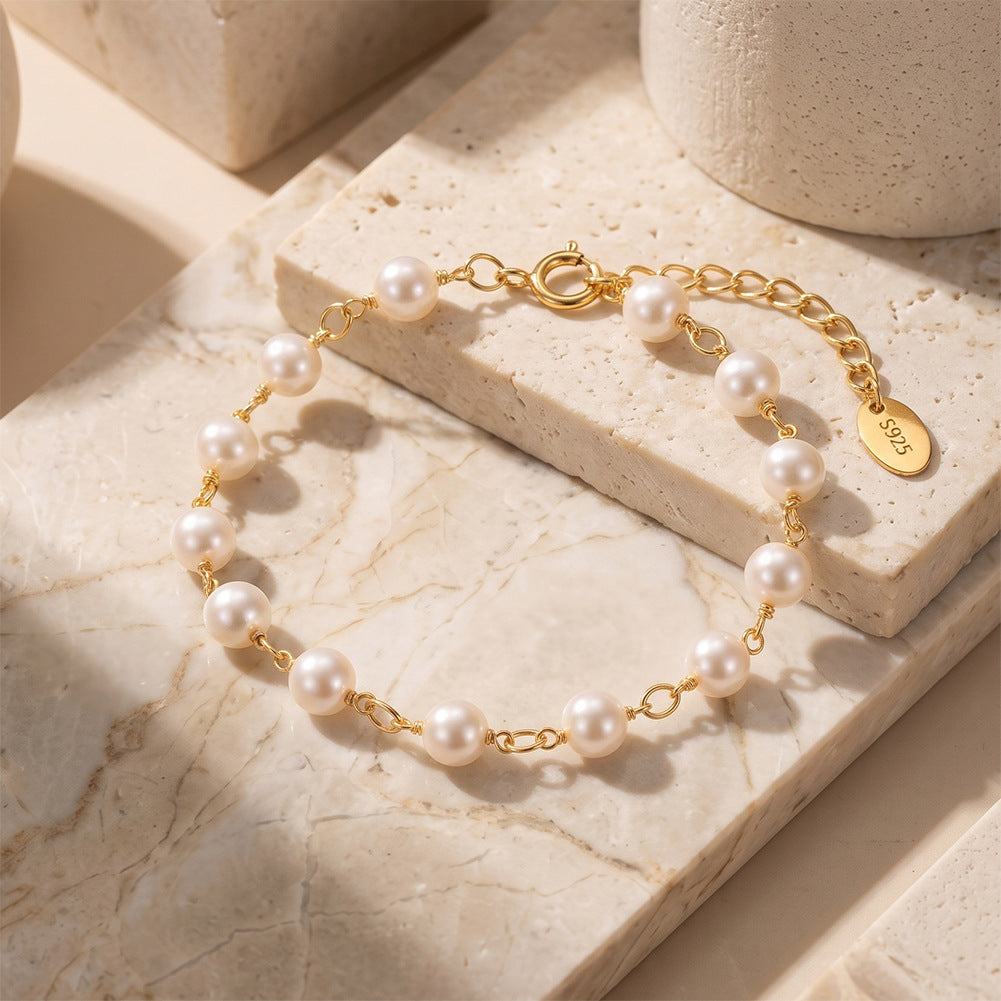 S925 Gold Plated S925 Sterling Silver Pearl Bracelet, Uniform Round Cream Pearls with Bright Elegant Lustre on Chunky Gold Chain