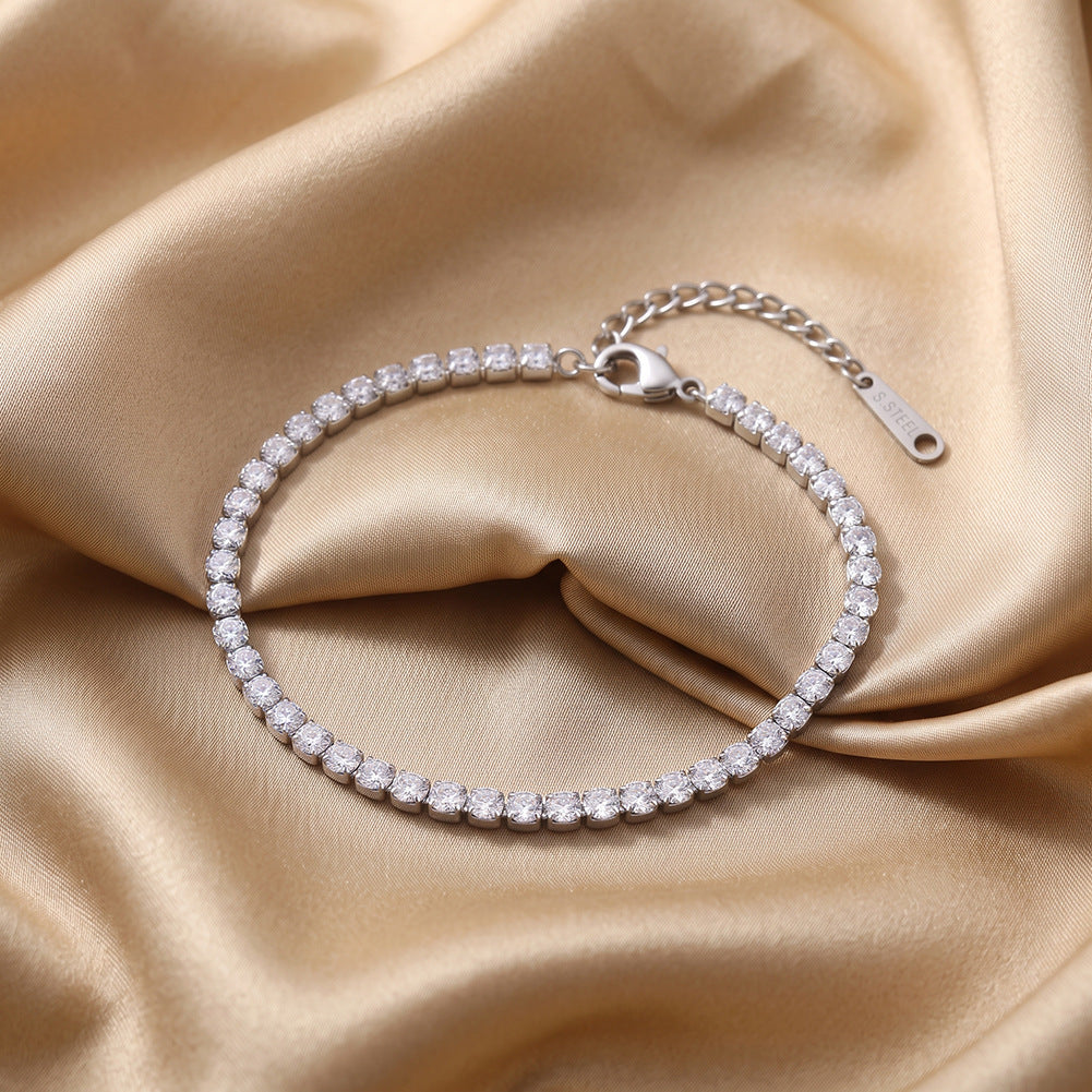Stainless Steel Round CZ Tennis Bracelet, Prong Set Clear Cubic Zirconia Adjustable Sparkling Bracelet