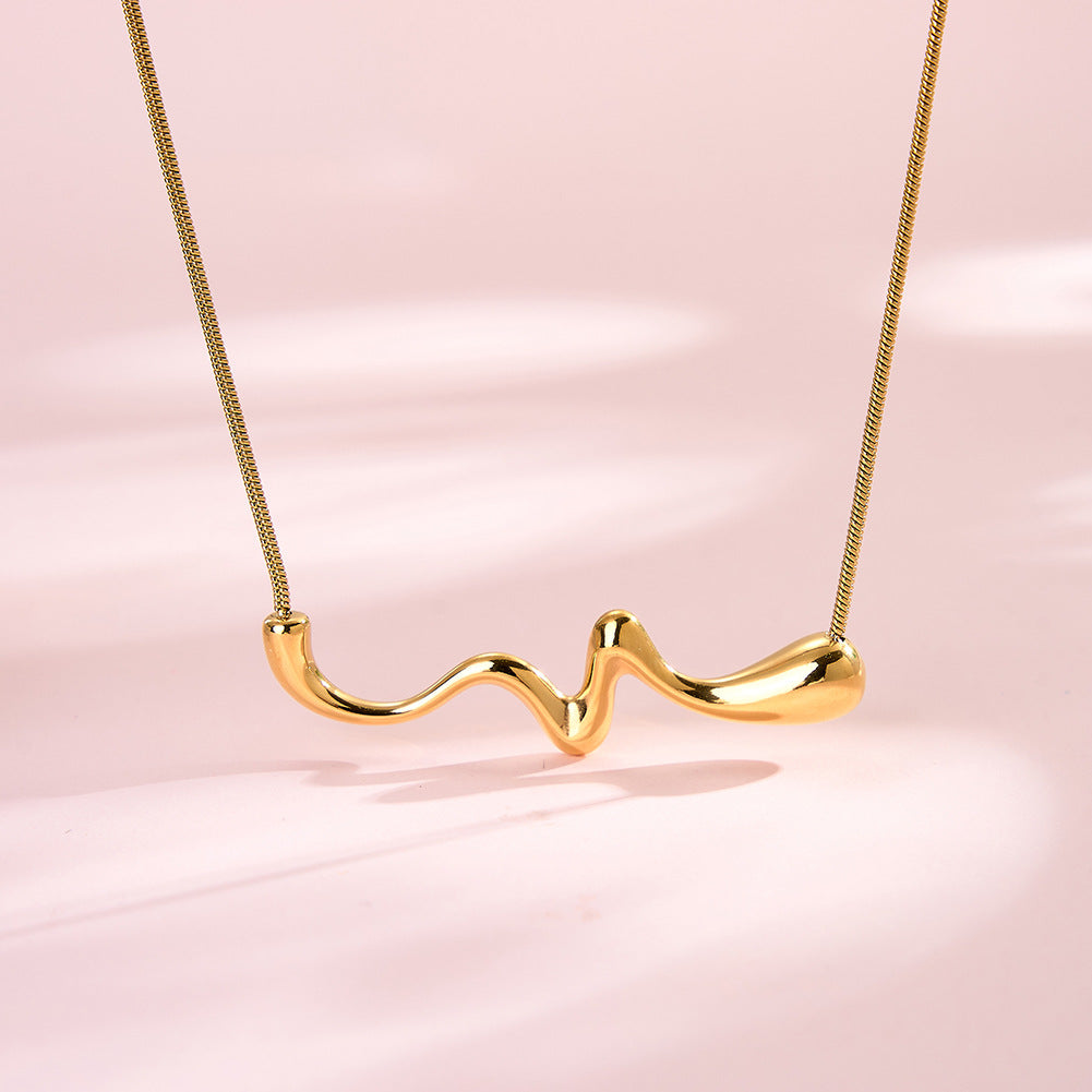 Stainless Steel Wavy Curve Pendant Necklace, Smooth Polished Abstract Wave Shape Bar, Sleek Thin Snake Chain Minimalist Necklace