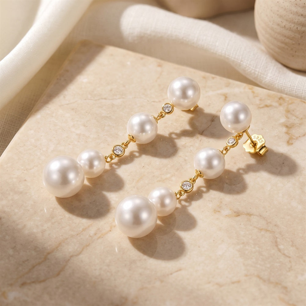 S925 Sterling Silver Layered Pearl Dangle Stud Earrings, Graduated Round Pearls with Gentle Sheen Linked by Tiny Round Cubic Zirconia Accents