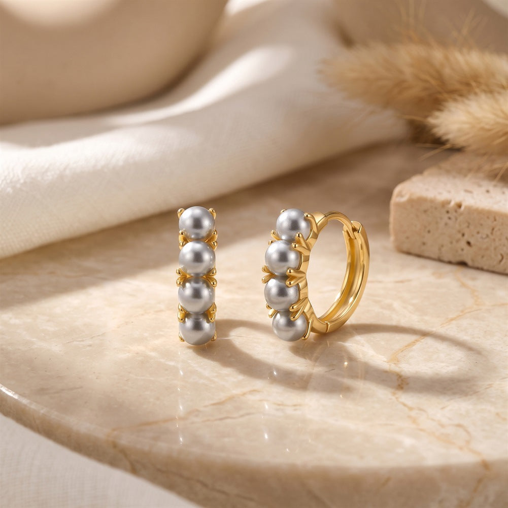 S925 Sterling Silver Grey Pearl Huggie Hoop Earrings, Four Graduated Round Pearls with Muted Smoky Luster