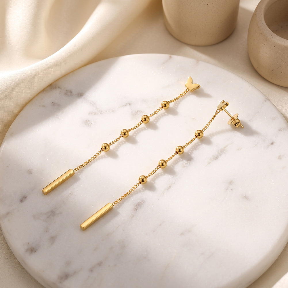 Stainless Steel Butterfly Long Drop Earrings with Beaded Chain and Vertical Bar Charm