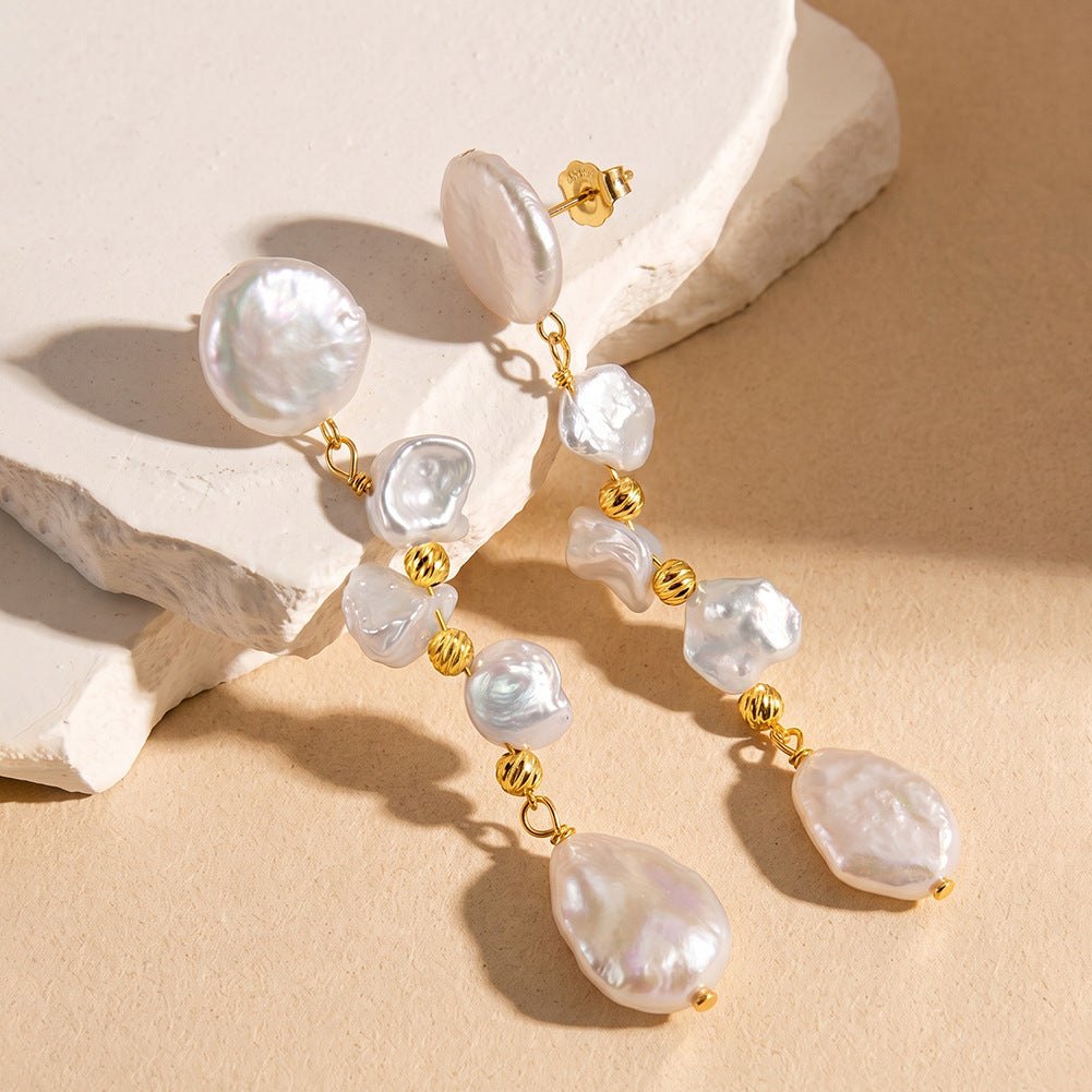 S925 Sterling Silver Cascading Keshi Pearl Long Drop Earrings, Stacked Petal Keshi Pearls and Teardrop Baroque Pearl with Gentle Lustre