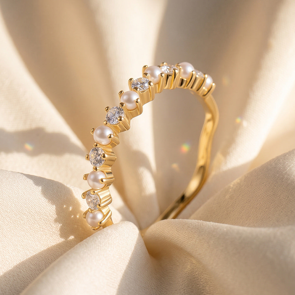 S925 Sterling Silver Wave Band Ring, Lustrous Round Freshwater Pearls with Soft Natural Sheen Alternating with Sparkling Cubic Zirconia