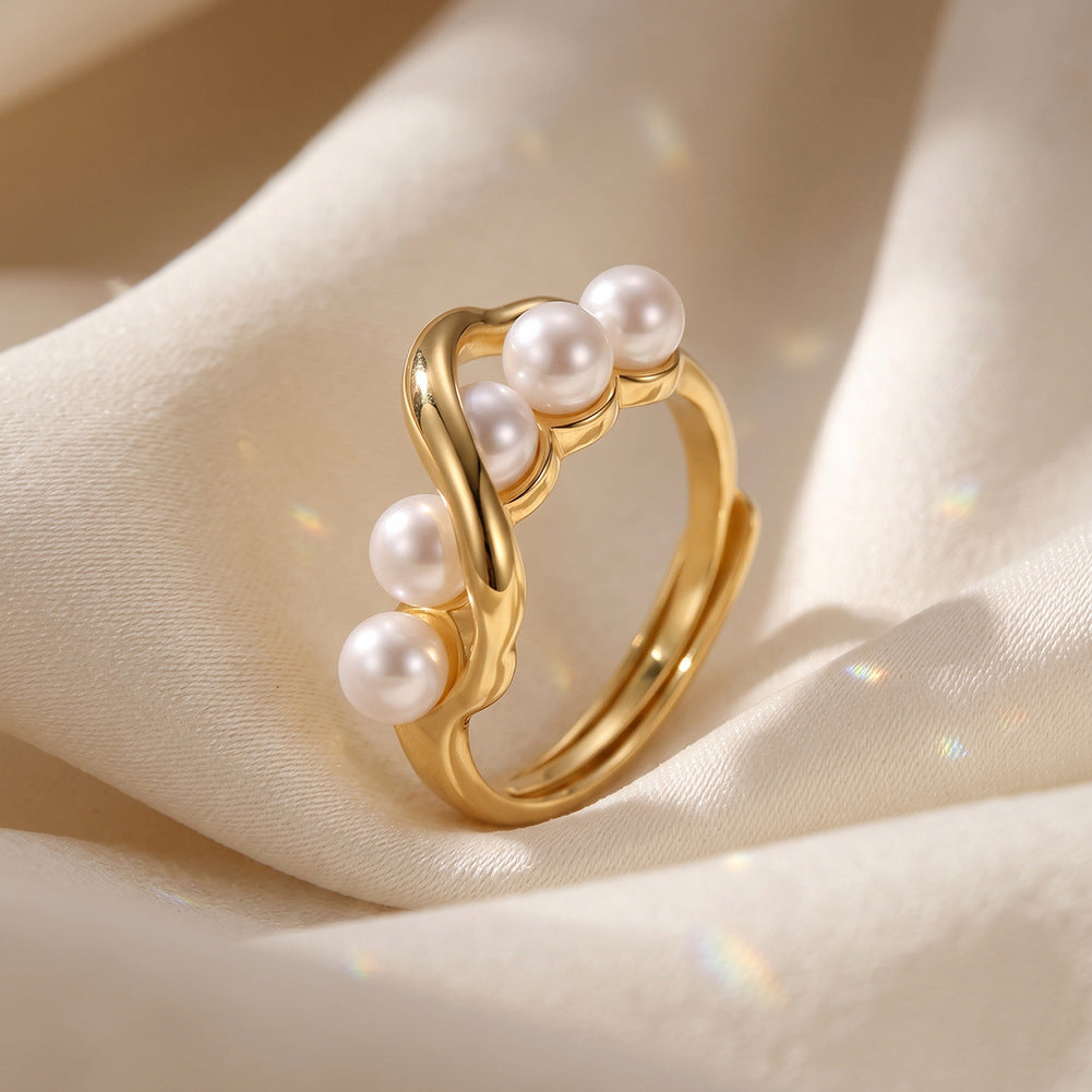 S925 Sterling Silver Intertwined Open Ring, Five Smooth Round Pearls with Rich Creamy Luster on Twisted Polished Silver Band