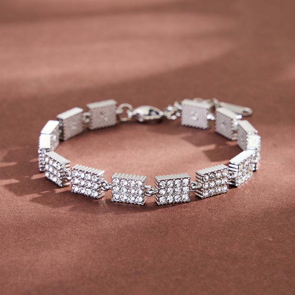 Stainless Steel Pave Square CZ Link Bracelet, Fully Paved Square Clear Cubic Zirconia Adjustable Bracelet