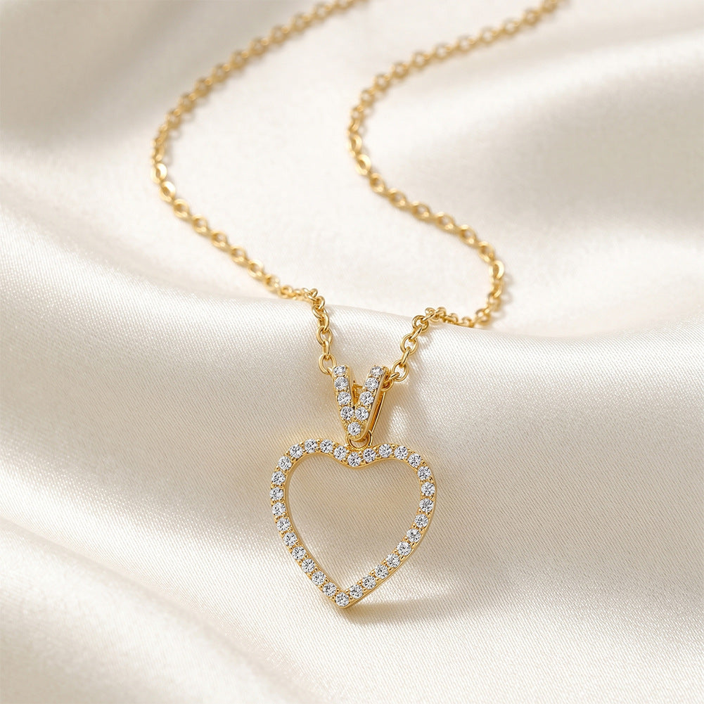 316 Stainless Steel Open Hollow Heart Necklace, Full Paved Sparkling Cubic Zirconia Outline, Dainty V-shaped CZ Paved Bail, Thin Cable Chain