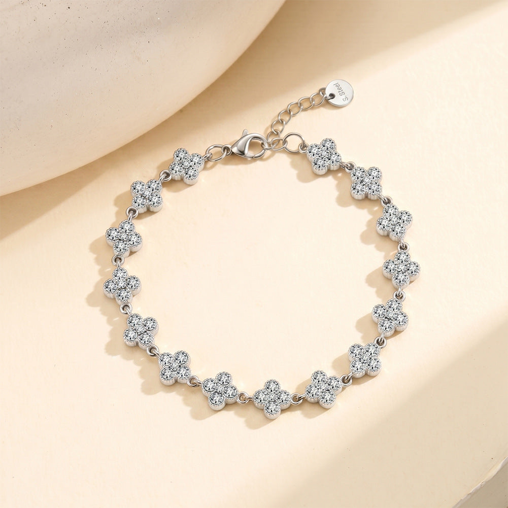 Stainless Steel Pave CZ Four Leaf Clover Bracelet, Full Paved Clear Zirconia Clover Station Bracelet