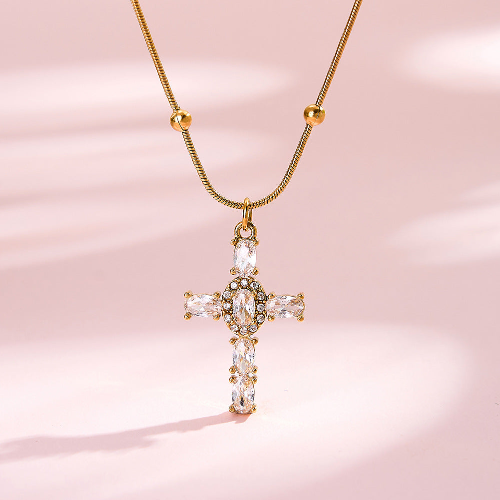 Stainless Steel Paved CZ Cross Necklace, Fully Paved Round Cubic Zirconia Cross Pendant, Beaded Snake Chain with Round Ball Station Accents