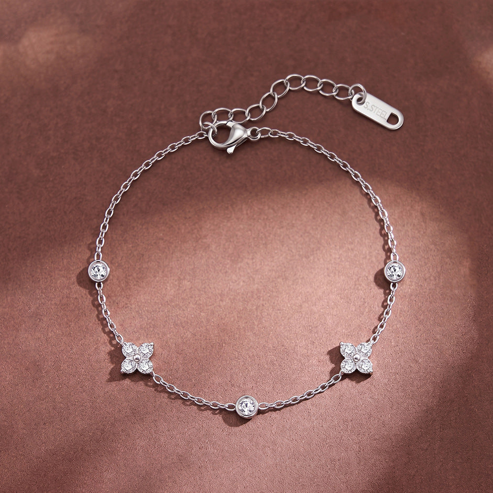 Stainless Steel Dainty Four Leaf Clover CZ Bracelet, Thin Cable Chain with Round Zirconia Accent Bracelet