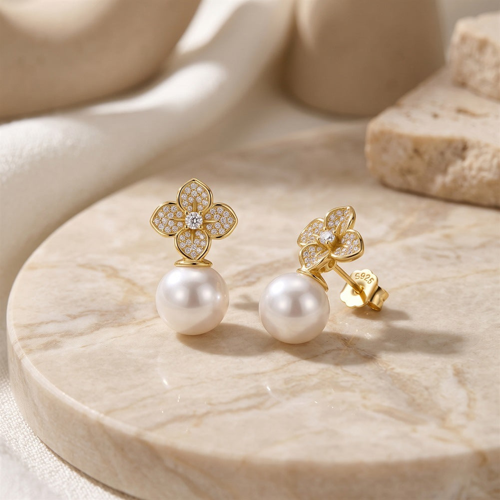 S925 Sterling Silver Flower Pearl Drop Earrings, Large Glossy Round Pearl with Rich Creamy Iridescent Luster Under Pave Zircon Four-Leaf Flower Top