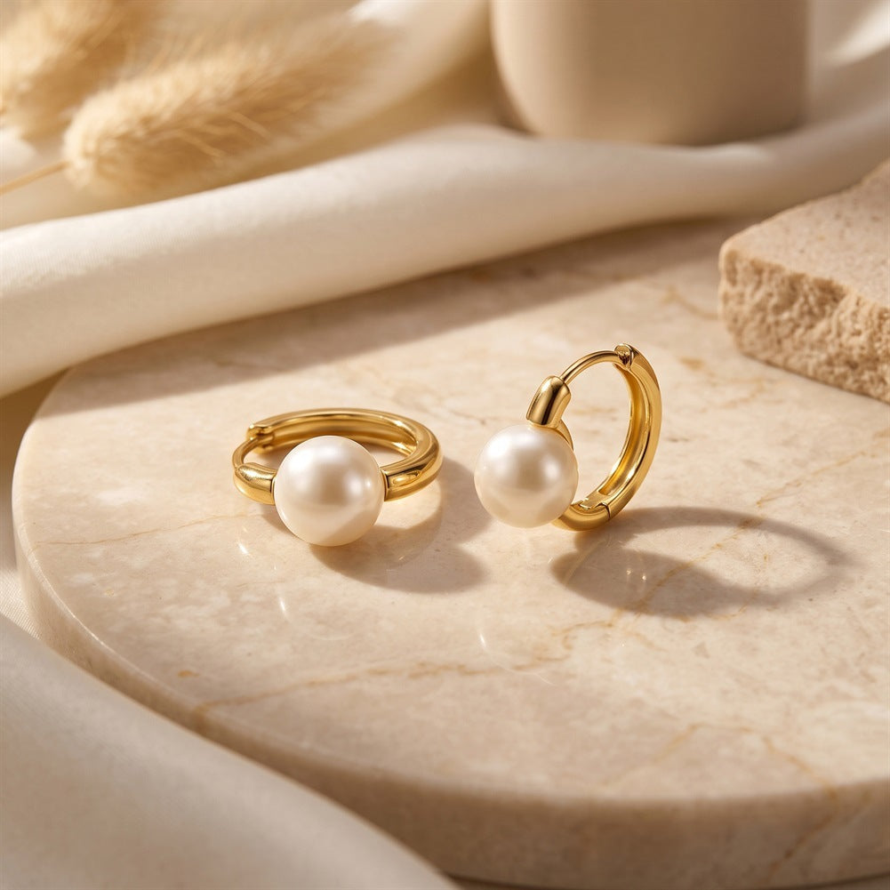 S925 Sterling Silver Single Pearl Huggie Hoop Earrings, Plump Round Pearl with Even Natural Lustre