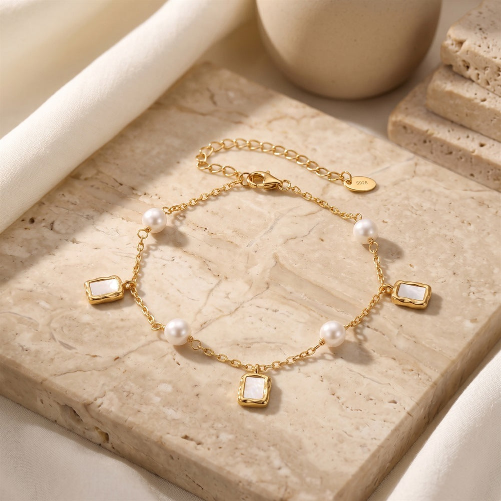 S925 Sterling Silver Bracelet, Round Lustrous Freshwater Pearls with Soft Natural Sheen and Square Mother-of-Pearl Charms