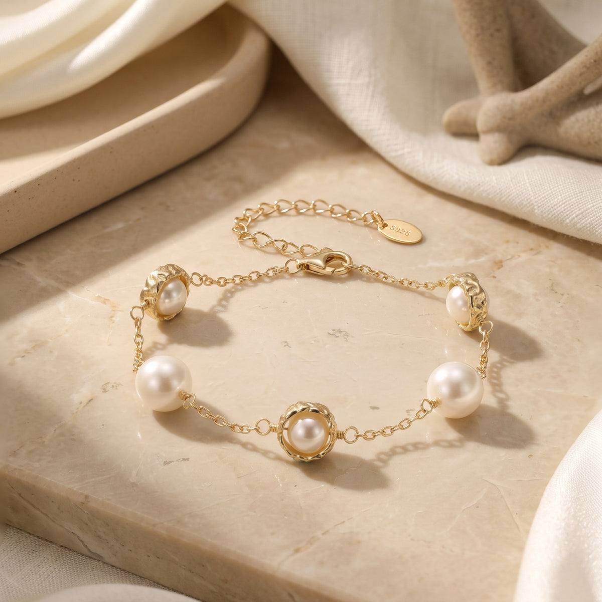 S925 Sterling Silver Station Pearl Bracelet, Large Glossy Round Pearls with Rich Luster Set in Textured Silver Bezel Frames