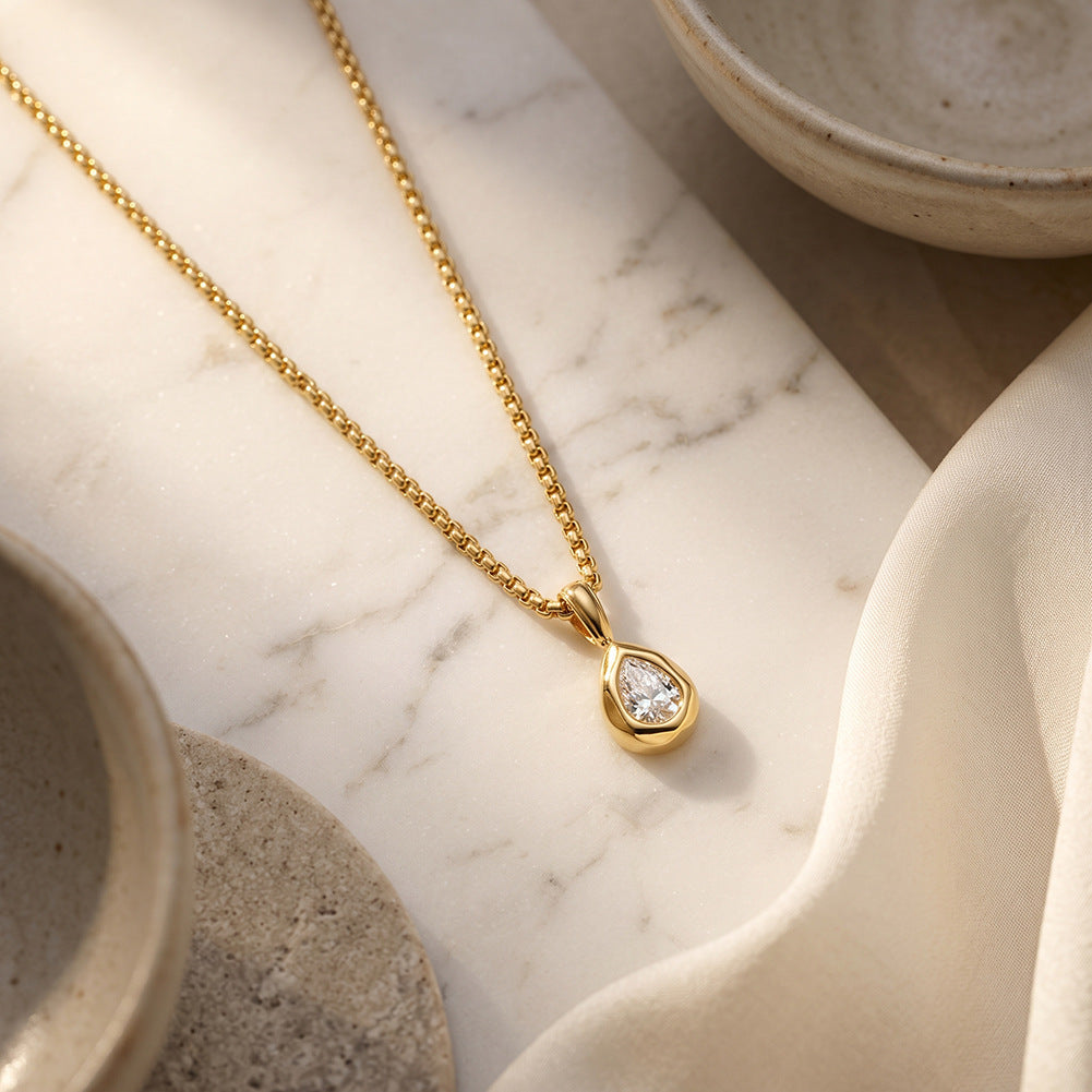 Stainless Steel Teardrop Cubic Zirconia Pendant Necklace, Sparkling Teardrop Cut CZ Stone Bezel Set in Smooth Silver Frame