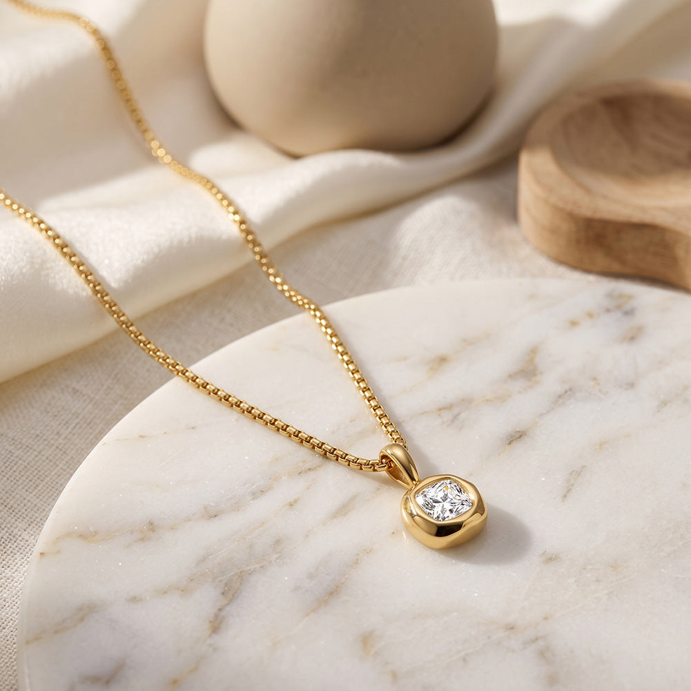 Stainless Steel Cushion Cut Cubic Zirconia Necklace, Brilliant Cushion CZ Stone with Bright Sparkle Bezel Set in Soft Round Silver Setting