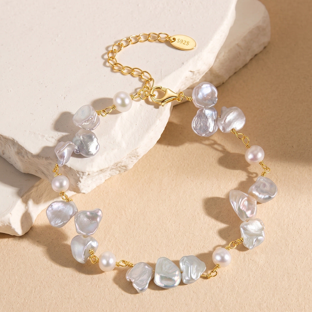 S925 Sterling Silver Keshi Baroque Pearl Bracelet, Irregular Petal-Shaped Freshwater Pearls with Colorful Rainbow Orient Luster