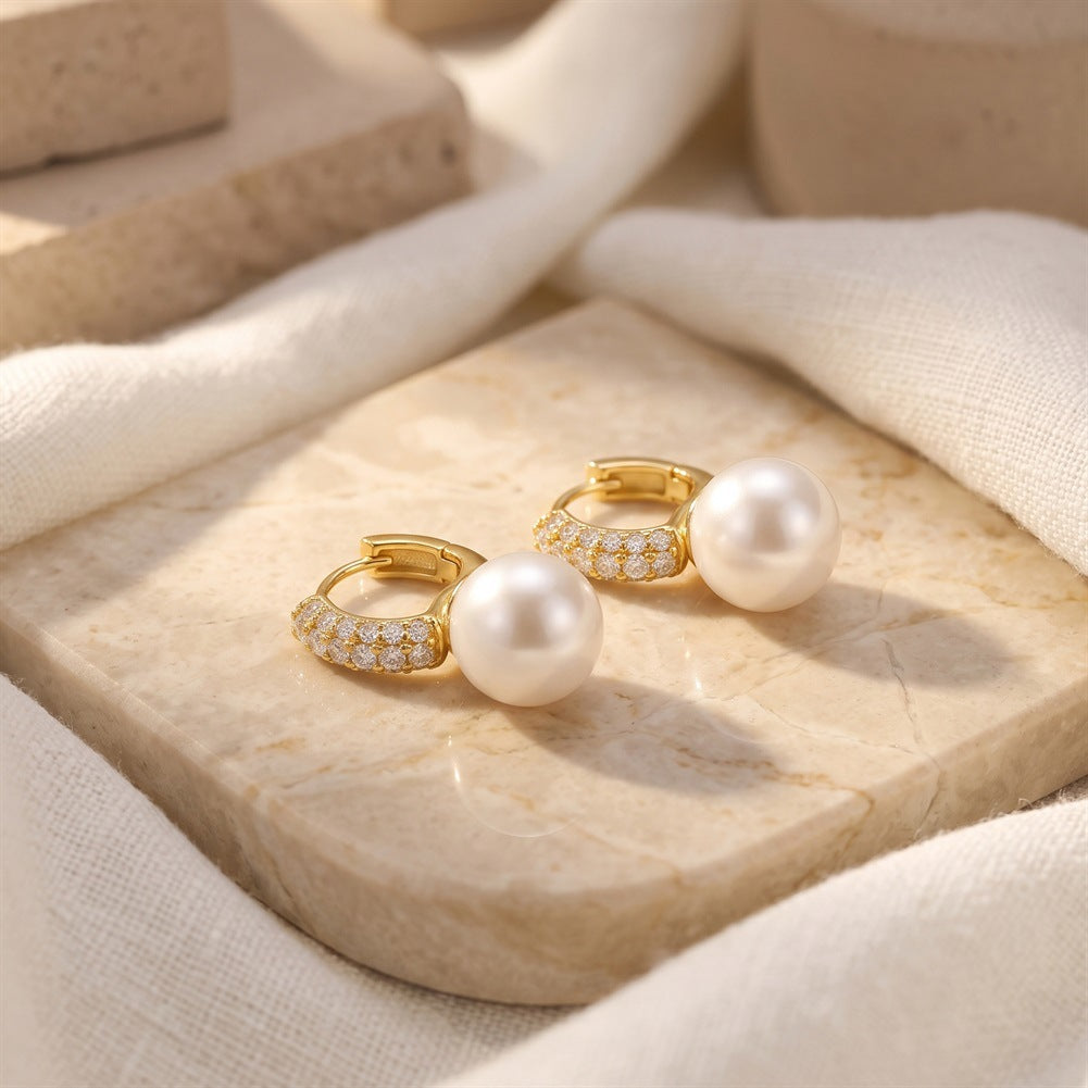 S925 Sterling Silver Huggie Hoop Pearl Earrings, Big Smooth Round Pearl with Bright Silky Luster Dangling from Pave Zircon Hoop