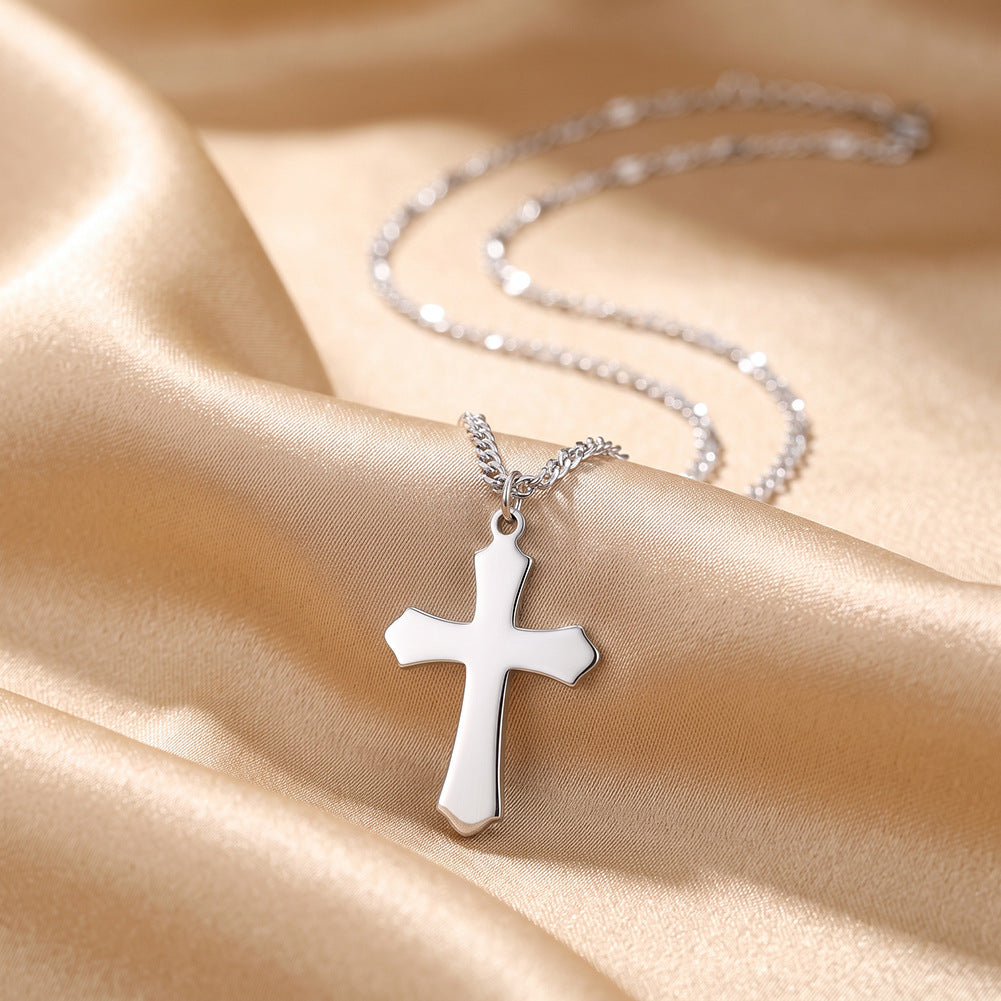 Stainless Steel Plain Cross Curb Chain Necklace, Polished Smooth Solid Cross Pendant, Classic Thick Curb Chain Religious Minimalist Necklace