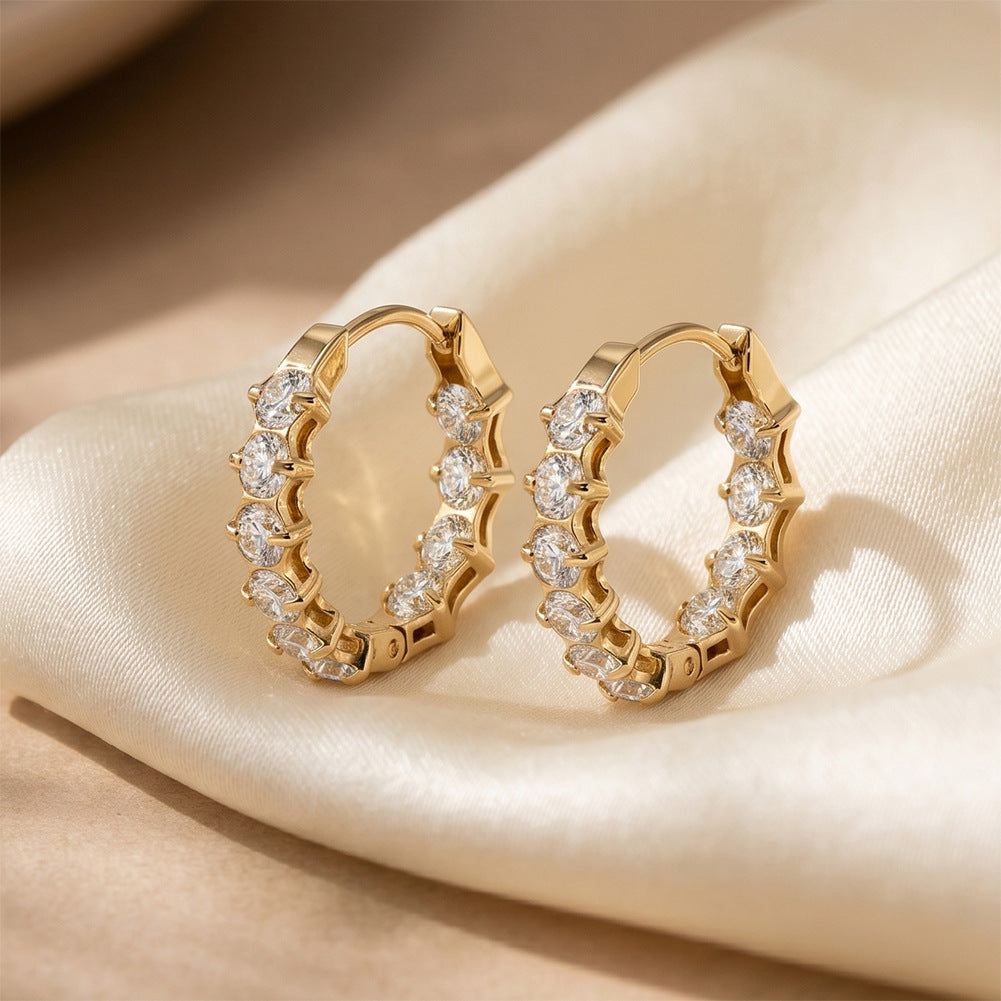 316 Stainless Steel Round Brilliant CZ Paved Huggie Hoop Earrings, Alternating Round Cubic Zirconia Prong Set, Hollow Open Frame Design, Hinged Snap Lock, Dainty Sparkling Inlaid Hoop Earrings