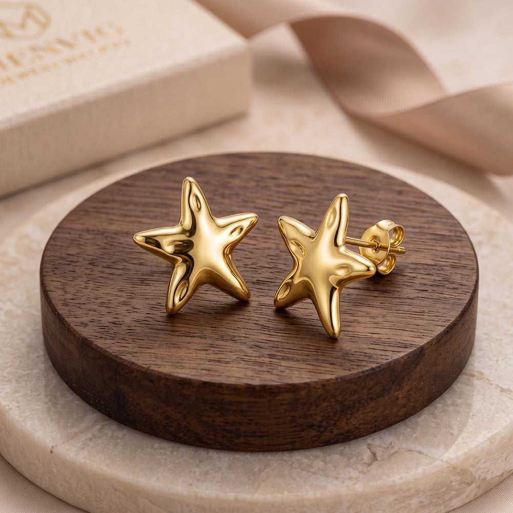 Stainless Steel Gold Plated Puffy Starfish Stud Earrings