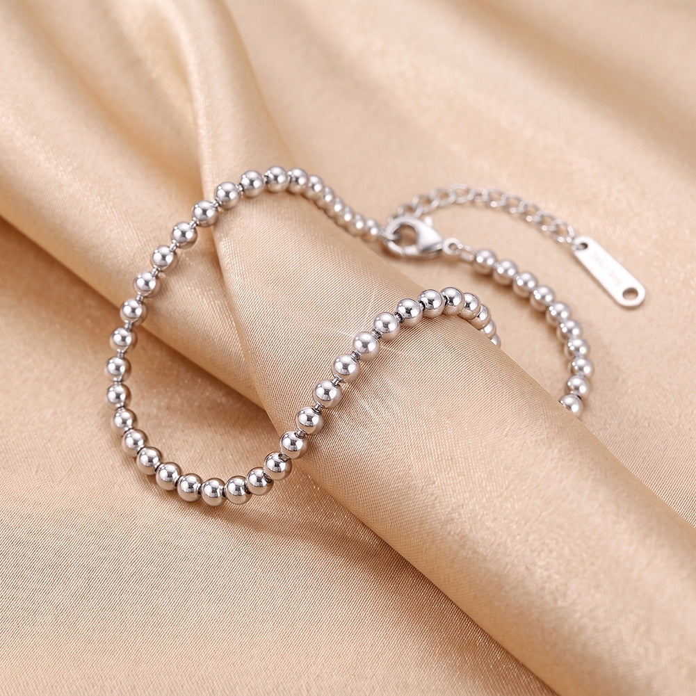 Stainless Steel Smooth Beaded Ball Chain Bracelet, Polished Round Bead Adjustable Stackable Bracelet