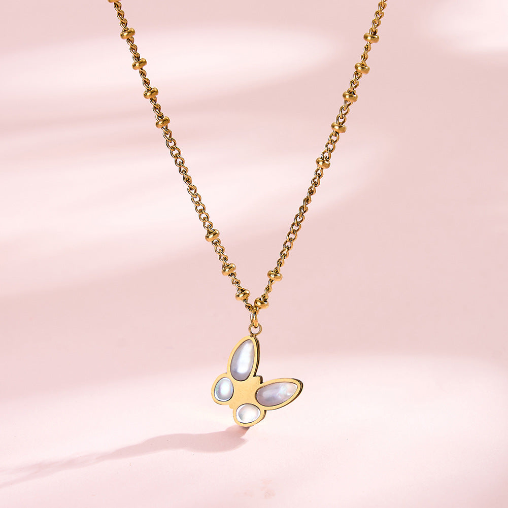 Stainless Steel Butterfly Mother of Pearl Necklace, Butterfly Pendant with Lustrous Iridescent Mother of Pearl Inlaid on Wings