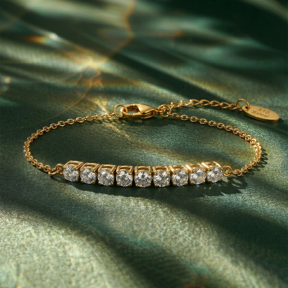 316 Stainless Steel Dainty Thin Cable Chain Bracelet, Horizontal Row of Nine Square Bezel Set CZ Crystals, Sparkling Stackable Design with Adjustable Extender and Engraved 316 Tag