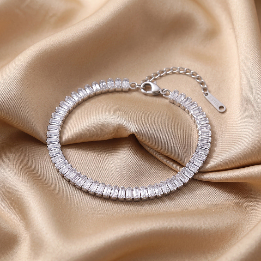 Stainless Steel Full Baguette CZ Tennis Bracelet, Continuous Rectangular Clear Cubic Zirconia Bracelet