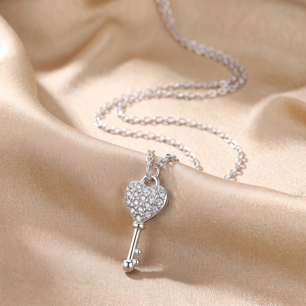 Stainless Steel Paved CZ Heart Key Necklace, Delicate Key Pendant Fully Paved with Tiny Sparkling Clear Cubic Zirconia