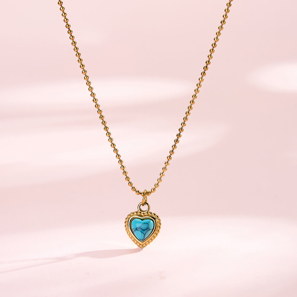 Stainless Steel Heart Turquoise Beaded Ball Chain Necklace, Heart Shaped Turquoise Stone with Natural Cracked Texture and Beaded Silver Border