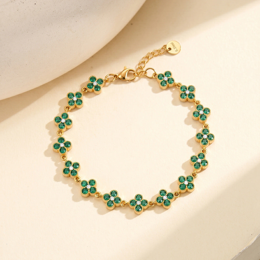 Stainless Steel Green CZ Four Leaf Clover Station Bracelet, Emerald Tone Clover Charm Adjustable Bracelet